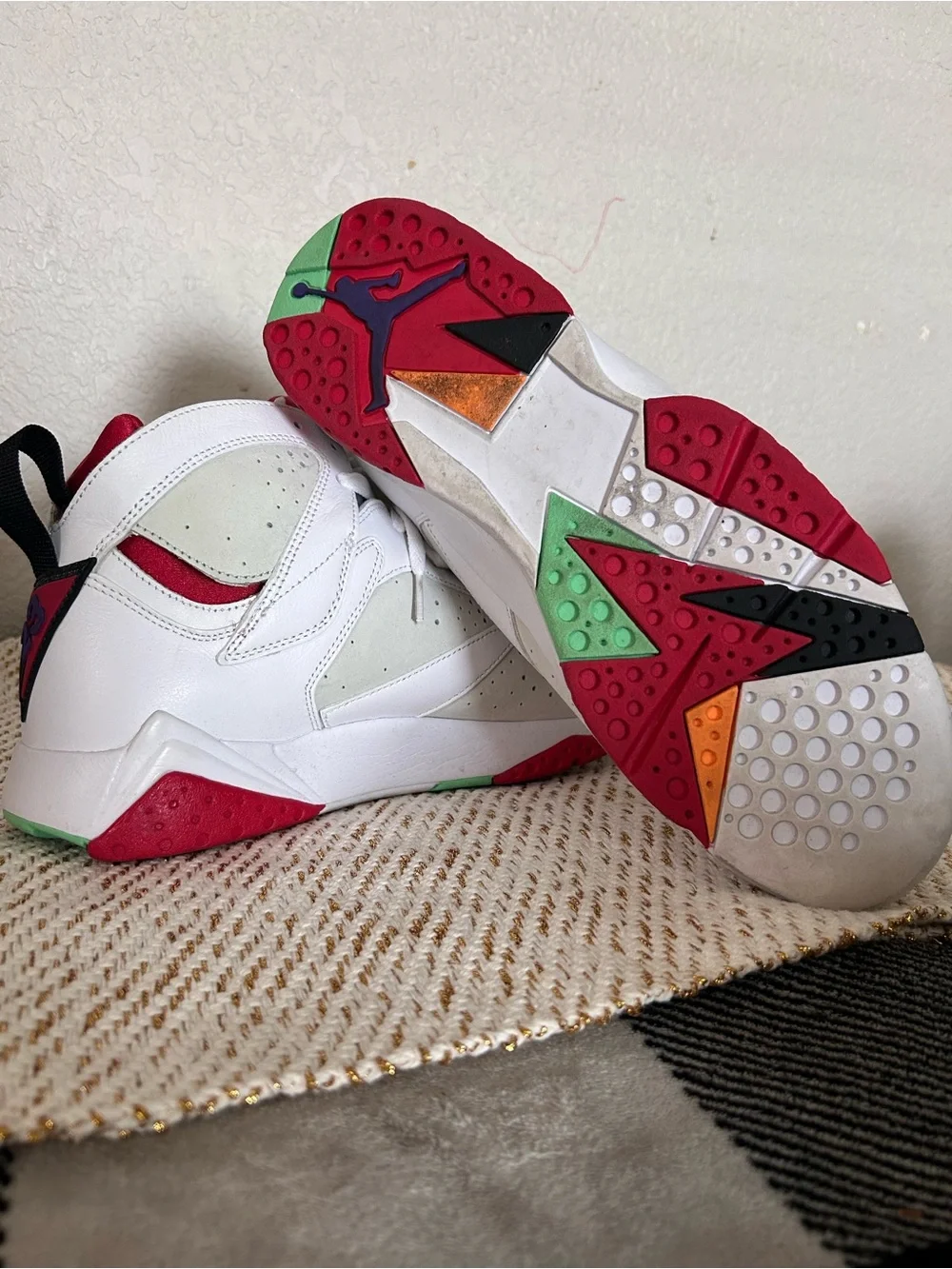 Jordan White High-Tops with Red and Metallic Green Accents
